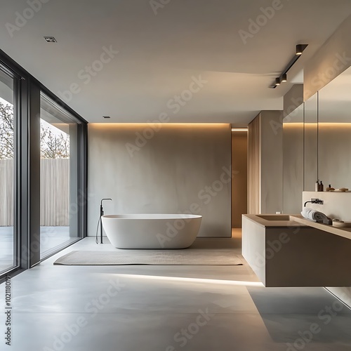 A modern, minimalist bathroom featuring a freestanding tub, sleek surfaces, and large windows for natural light.