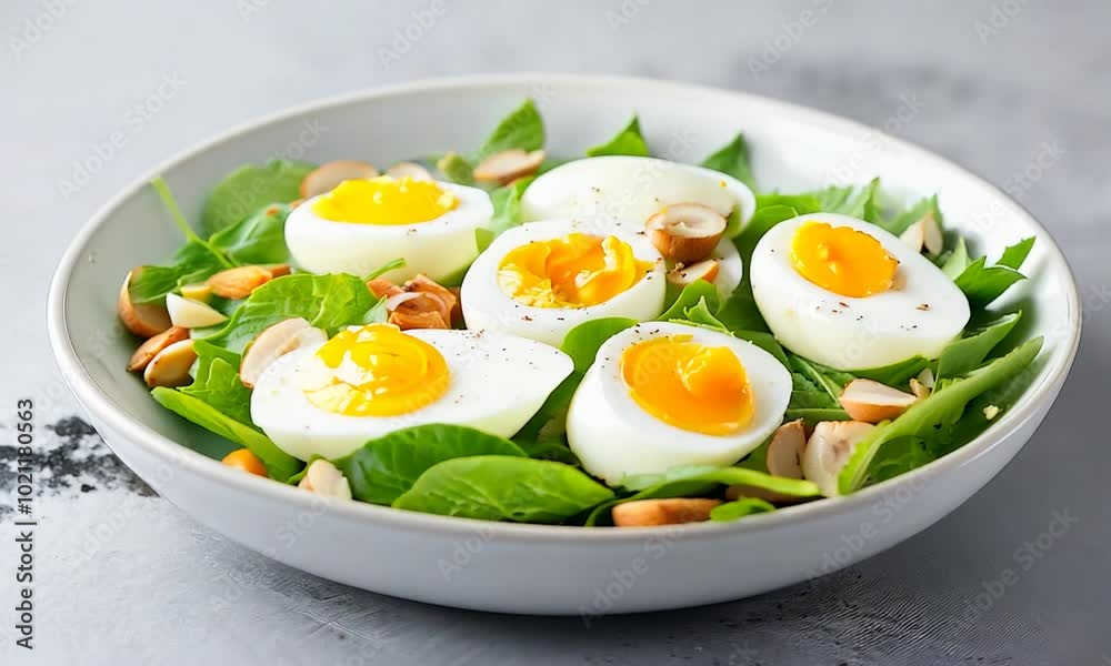 Healthy breakfast salad with greens, nuts, and boiled egg, modern setting Healthy breakfast salad with greens, nuts, and boiled egg, modern setting