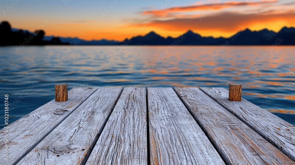 Scenic wooden dock overlooking tranquil water at sunset.