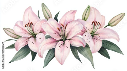 Beautiful watercolor pink lilies in full bloom, ideal for floral stationery, romantic wedding invitations, or nature-themed decor