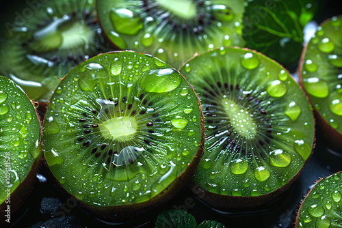 Frische grüne Kiwis mit Wassertropfen, Fitness und Wellness durch gute Ernährung, mehr Energie und Abwehrkräfte durch Vitamin C, Vitamin Booster durch Kiwis photo