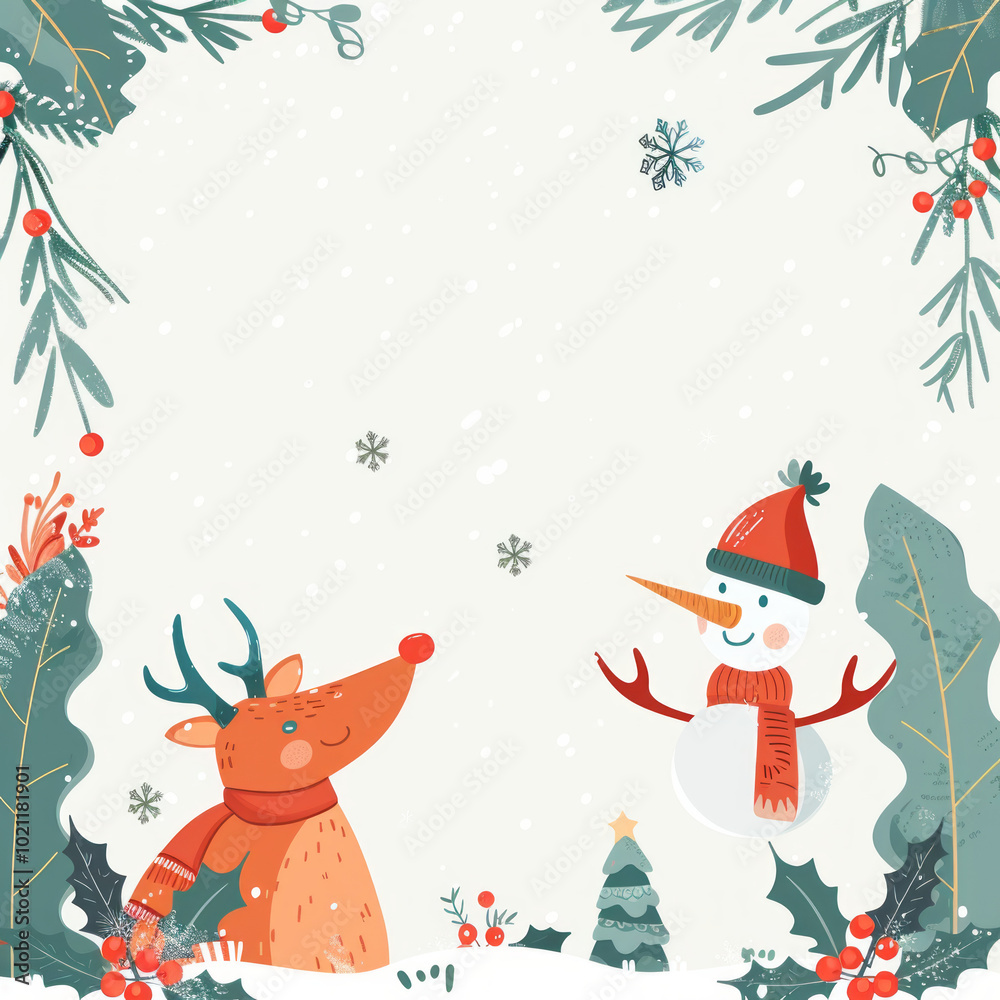 Snowman Christmas card illustration with winter hat, scarf, and snowflakes,Generated by Ai Snowman Christmas card illustration with winter hat, scarf, and snowflakes,Generated by Ai