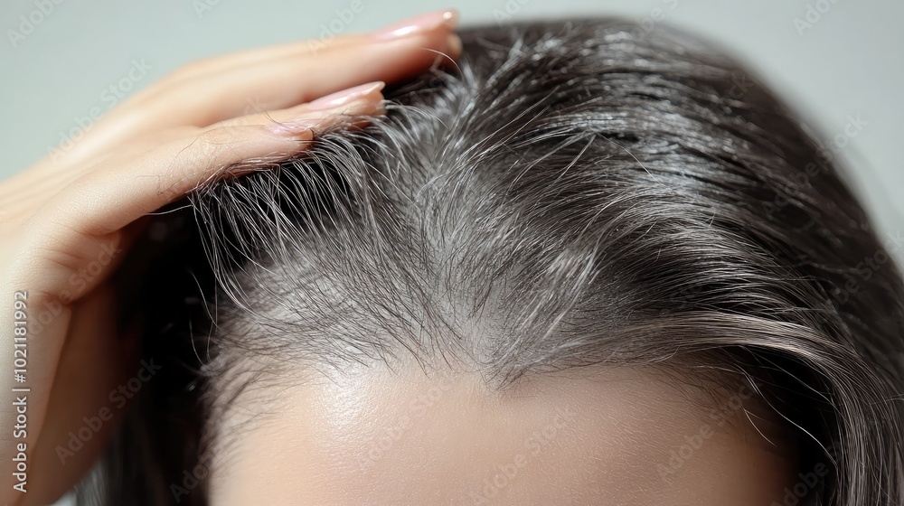 Fototapeta premium A close-up view of a woman scratching her scalp, revealing damaged hair, highlighting the importance of addressing scalp