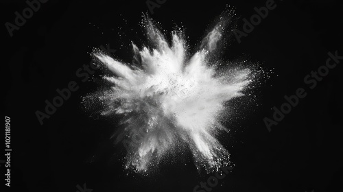 A vibrant explosion of white powder against a dark background, creating a dynamic and abstract visual effect.