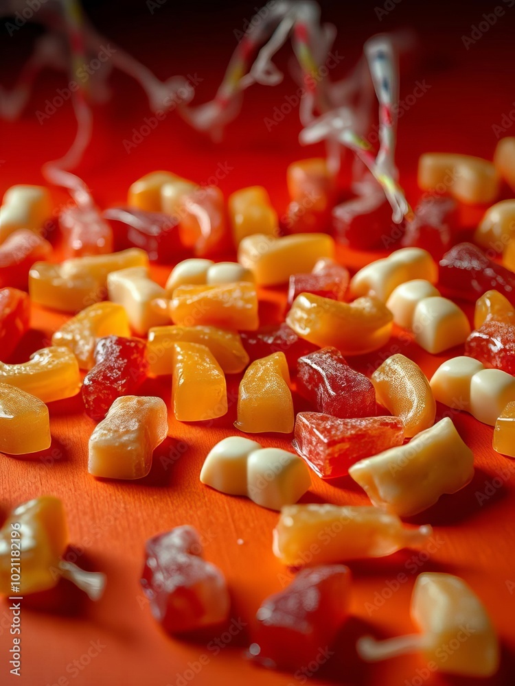 Halloween themed backdrop featuring gummy vampire teeth candy on a vibrant orange surface halloween backdrop