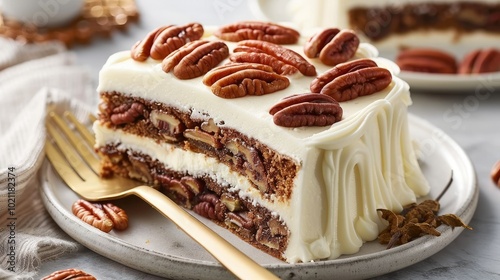 A slice of pecan pie layered cake