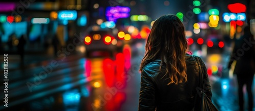 Woman walks away in dark,silhouette illuminated by soft orange light,power of woman concept.