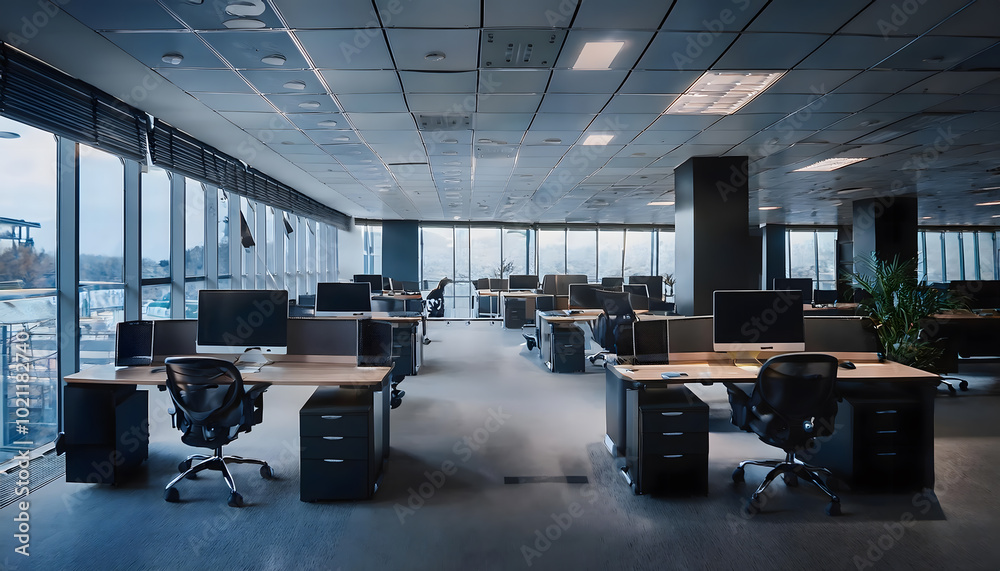The work space is equipped with rows of individual desks equipped with computers and ergonomic office chairs, a modern and minimalist office The work space is equipped with rows of individual desks equipped with computers and ergonomic office chairs, a modern and minimalist office