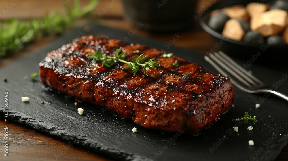 A juicy grilled steak on a black slate plate with thyme sprigs and a fork, surrounded by salt and pepper. A juicy grilled steak on a black slate plate with thyme sprigs and a fork, surrounded by salt and pepper.