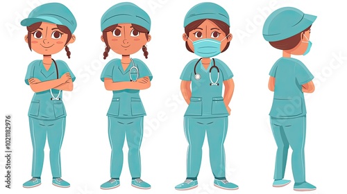 a female nurse wearing blue scrubs 