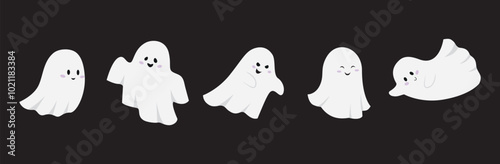 ghosts set vector illustration isolated on black background, cute ghosts collection for halloween decoration,banner,cards,invitation,background