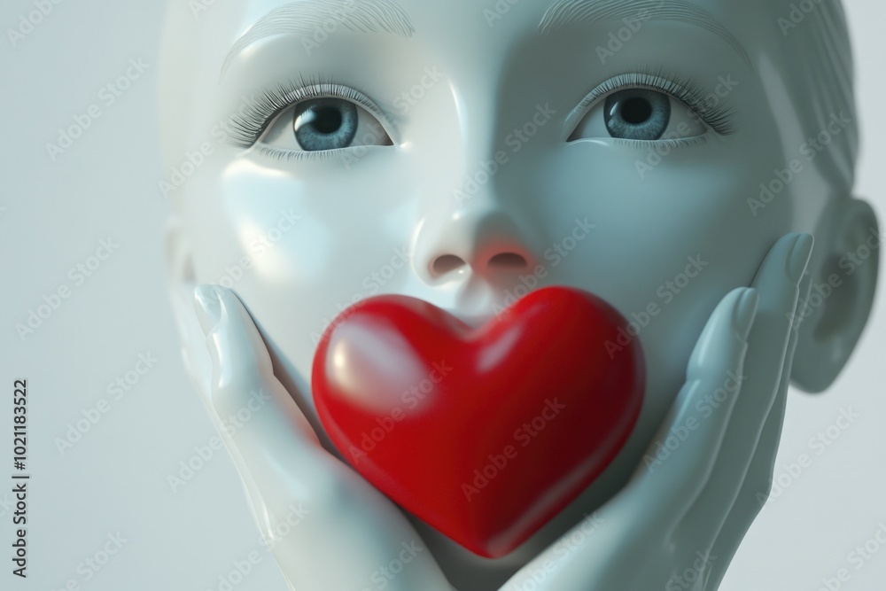 A woman covering her face with a red heart, possibly symbolizing love or shame