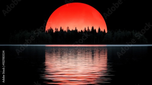 Stunning sunset over a tranquil lake reflecting a red-orange sky and silhouettes of trees. photo