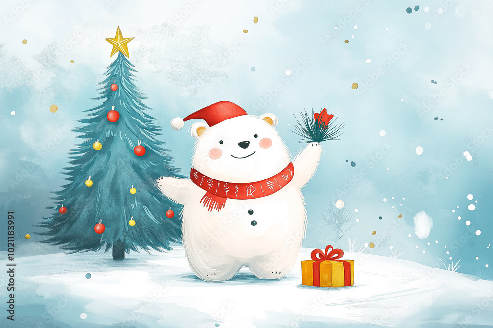 Christmas card, bear and Christmas tree on a white background Christmas card, bear and Christmas tree on a white background