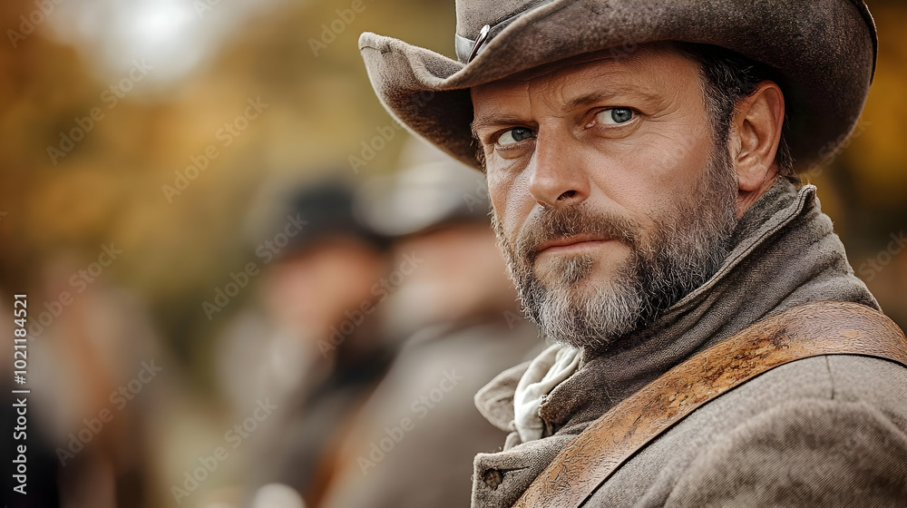 A Close-Up Portrait of a Man Wearing a Brown Coat and a Wide-Brimmed Hat, Looking Directly at the Camera with a Serious Expression A Close-Up Portrait of a Man Wearing a Brown Coat and a Wide-Brimmed Hat, Looking Directly at the Camera with a Serious Expression