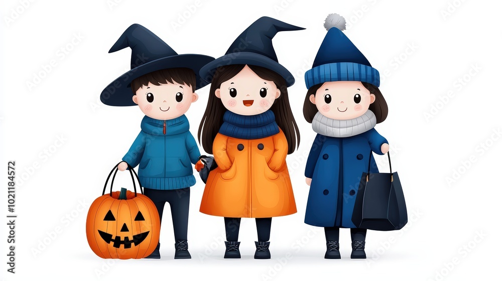 Three children in costumes celebrating Halloween, white isolated background. Three children in costumes celebrating Halloween, white isolated background.