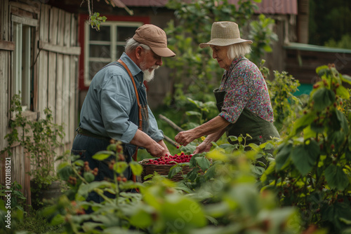 Elderly pensioners at their dacha are engaged in agricultural activities, harvest raspberries in the garden, realistic photo photo