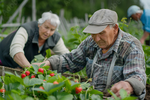 Wallpaper Mural Elderly pensioners at their dacha doing agricultural work, harvesting strawberries in the garden, realistic photo Torontodigital.ca