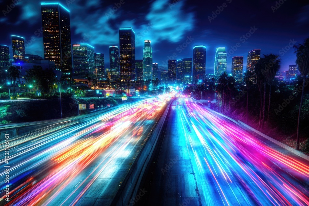 A bustling metropolis at nighttime with many vehicles and people A bustling metropolis at nighttime with many vehicles and people