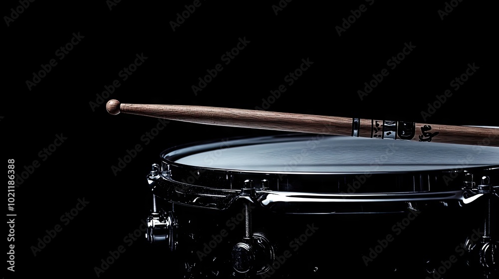 Obraz premium A dramatic close-up of a snare drum featuring a pair of drumsticks, creating an artistic composition on a copy space black background,