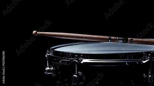 A dramatic close-up of a snare drum featuring a pair of drumsticks, creating an artistic composition on a copy space black background, photo