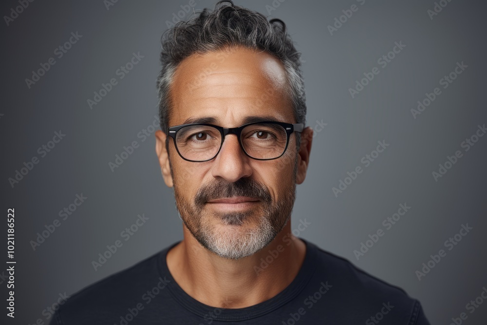 Portrait of handsome mature man in eyeglasses looking at camera while standing against grey background Portrait of handsome mature man in eyeglasses looking at camera while standing against grey background