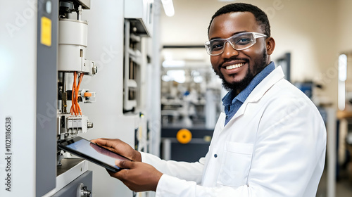 Wallpaper Mural A Confident Industrial Technician Works on Machinery While Holding a Tablet, Wearing Safety Glasses in a Modern Factory Setting Torontodigital.ca