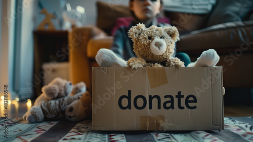 A young woman in casual attire donates shoes and toys to homeless people, sitting near a couch with a cardboard box labeled 
