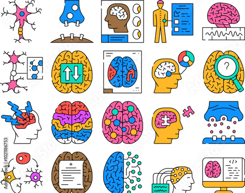neuroscience brain doctor medical icons set vector. research computer, technology science, neurosurgery sleep, health neurology, mind neuroscience brain doctor medical color Contour Illustrations