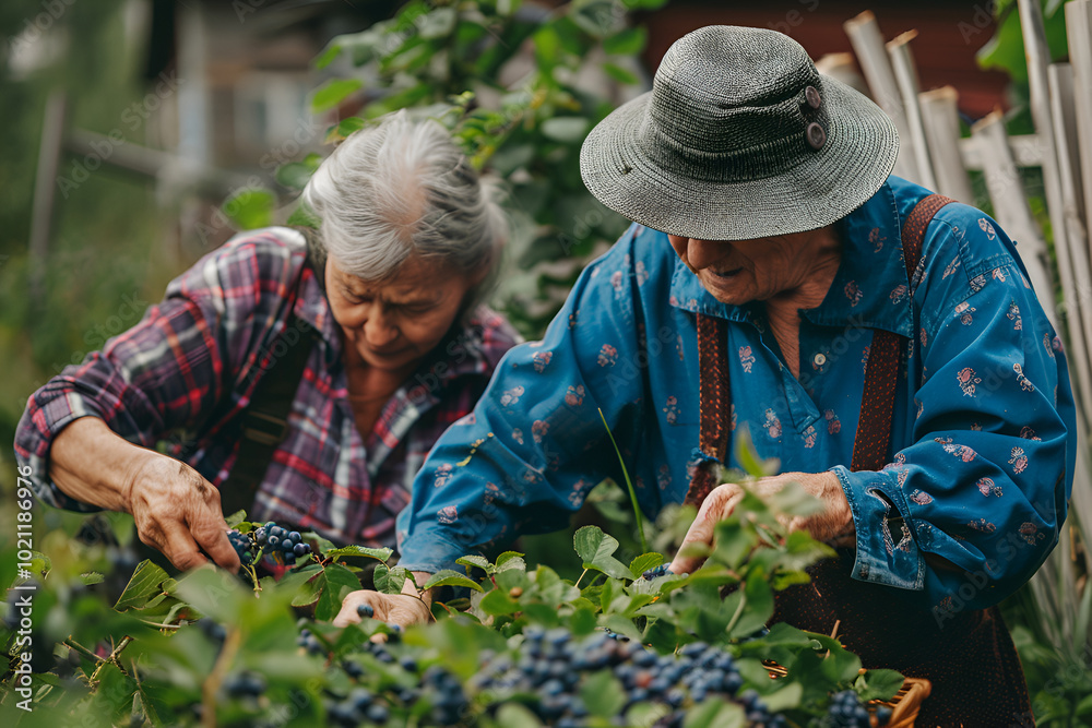 custom made wallpaper toronto digitalElderly pensioners at their dacha are engaged in agricultural activities, harvest blueberries in the garden, realistic photo