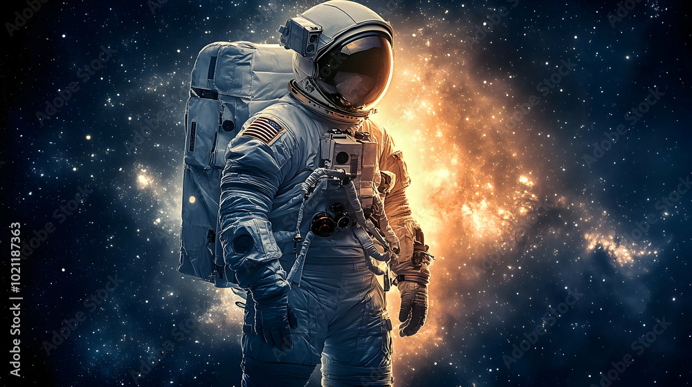 Fototapeta premium A lone astronaut stands in the vast emptiness of space, a nebula blazing behind them as a testament to the power and beauty of the universe.