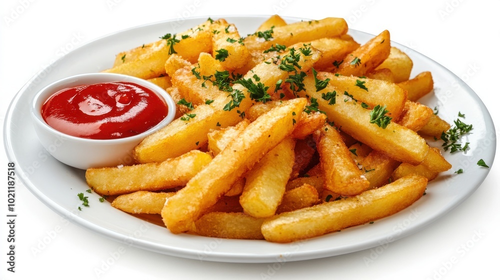 Golden, crispy French fries with a side of tangy ketchup on a white plate. Golden, crispy French fries with a side of tangy ketchup on a white plate.