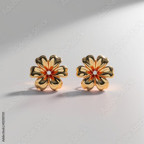 22k gold flower shaped earrings vibrant and elegant on plain white background photo