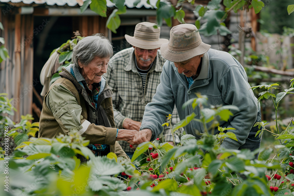 Elderly pensioners at their dacha are engaged in agricultural activities, harvest raspberries in the garden, realistic photo