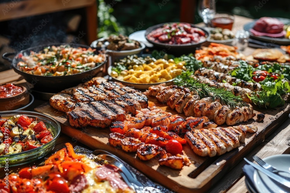 Grilled meats and vegetables on a wooden platter. A great image for showcasing a delicious meal or a barbecue party. Grilled meats and vegetables on a wooden platter. A great image for showcasing a delicious meal or a barbecue party.