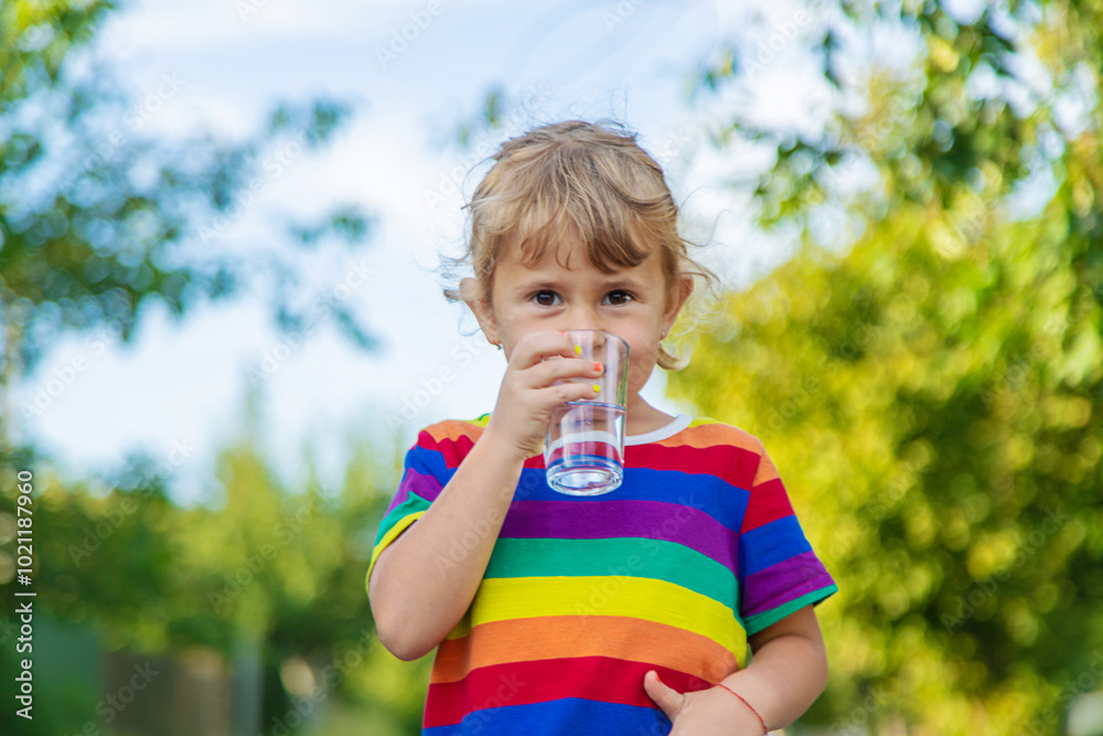A child drinks water from a glass. Selective focus. A child drinks water from a glass. Selective focus.