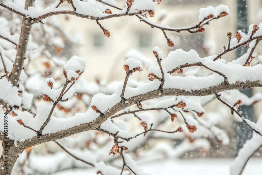 A bird perches on a snowy tree branch, enjoying the winter scenery A bird perches on a snowy tree branch, enjoying the winter scenery