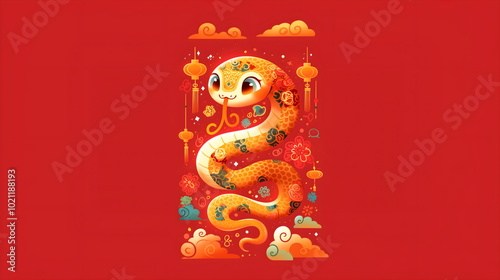 Cute cartoon snake on a red background. Symbol of 2025 according to the Chinese calendar.
