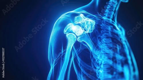 A glowing blue representation of a shoulder joint on an X-ray image, emphasizing the concept of shoulder pain