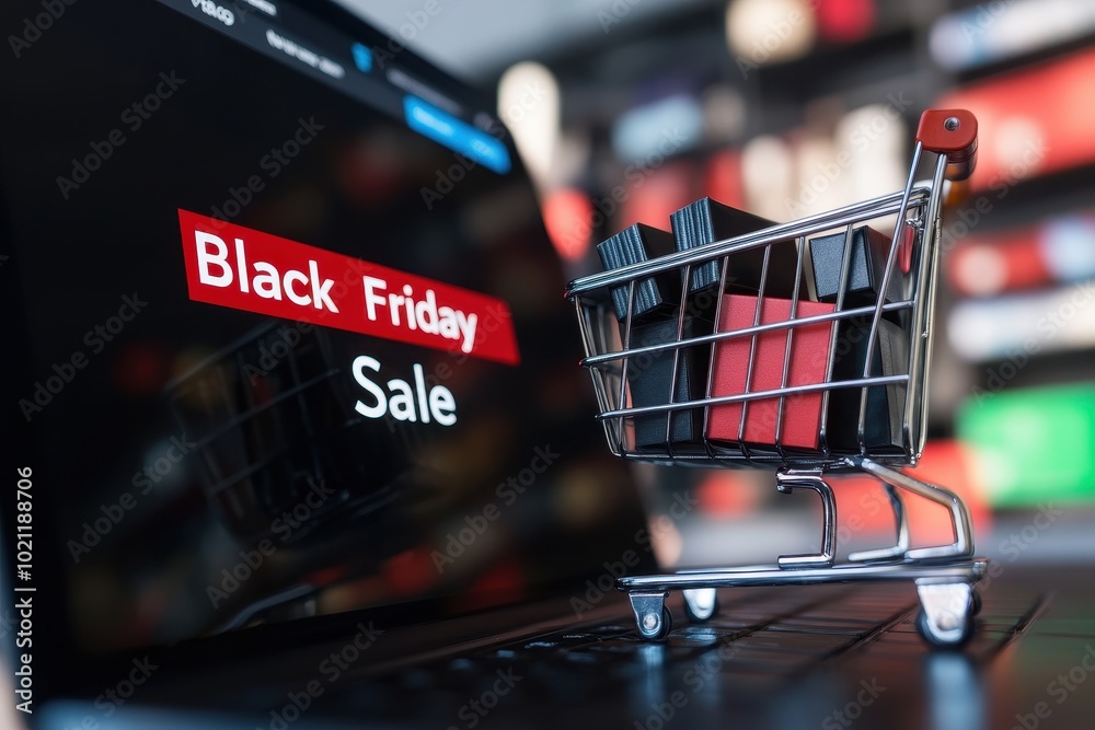 Online Shopping Cart Ready for Checkout: A desktop screen showing an online shopping cart filled with sale items, with a large 