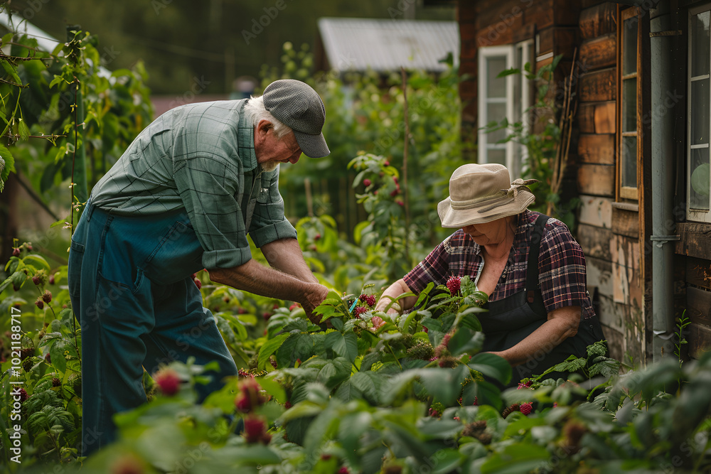 Fototapeta premium Elderly pensioners at their dacha are engaged in agricultural activities, harvest raspberries in the garden, realistic photo