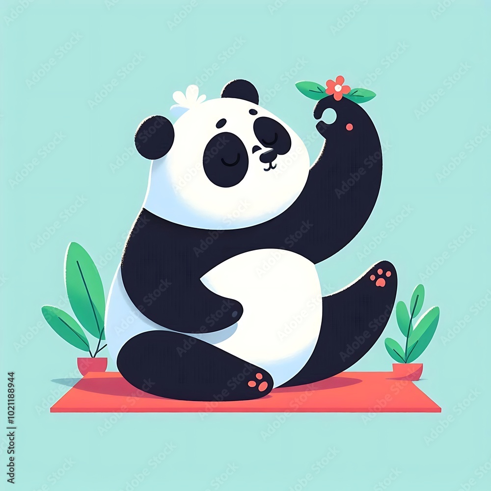 Obraz premium Cute fat lazy panda doing yoga, flat illustration of cute character