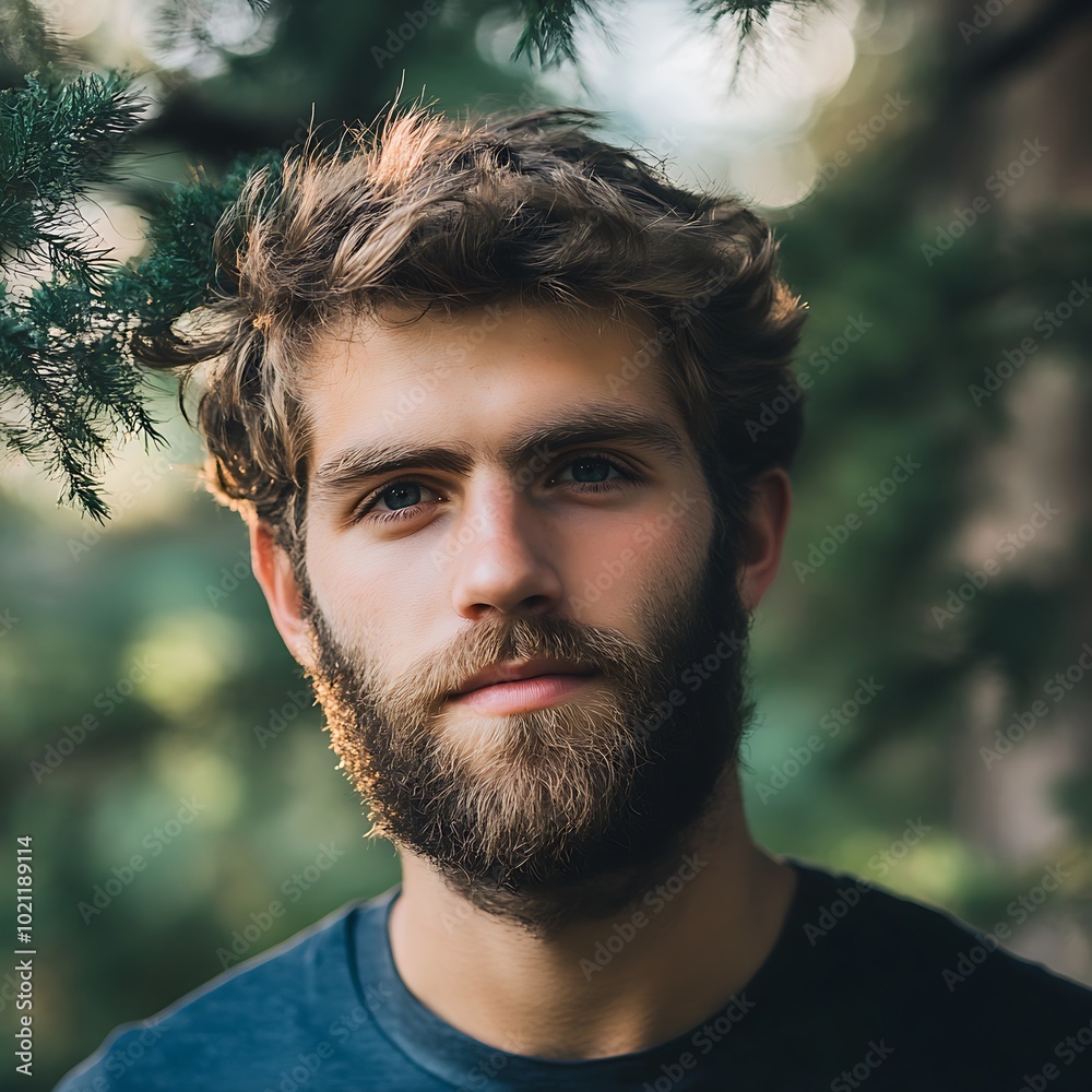 Fototapeta premium A portrait of a young man with a beard, surrounded by greenery, conveying a serene and natural atmosphere.