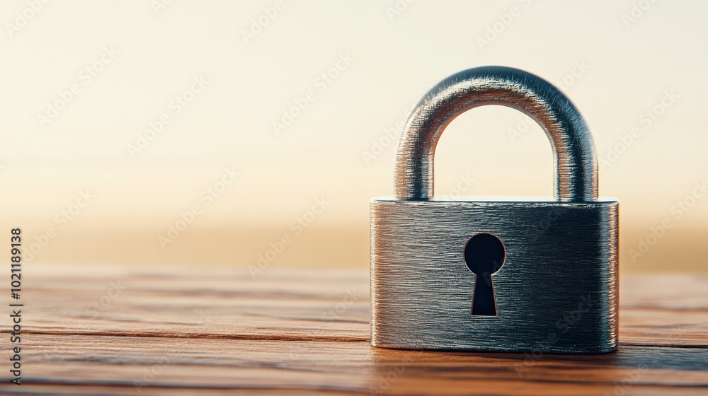 Fototapeta premium A silver lock with a keyhole on a wooden table