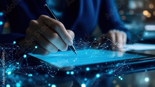 A high-tech image of a hand using a tablet to sign documents electronically, symbolizing e-signature technology