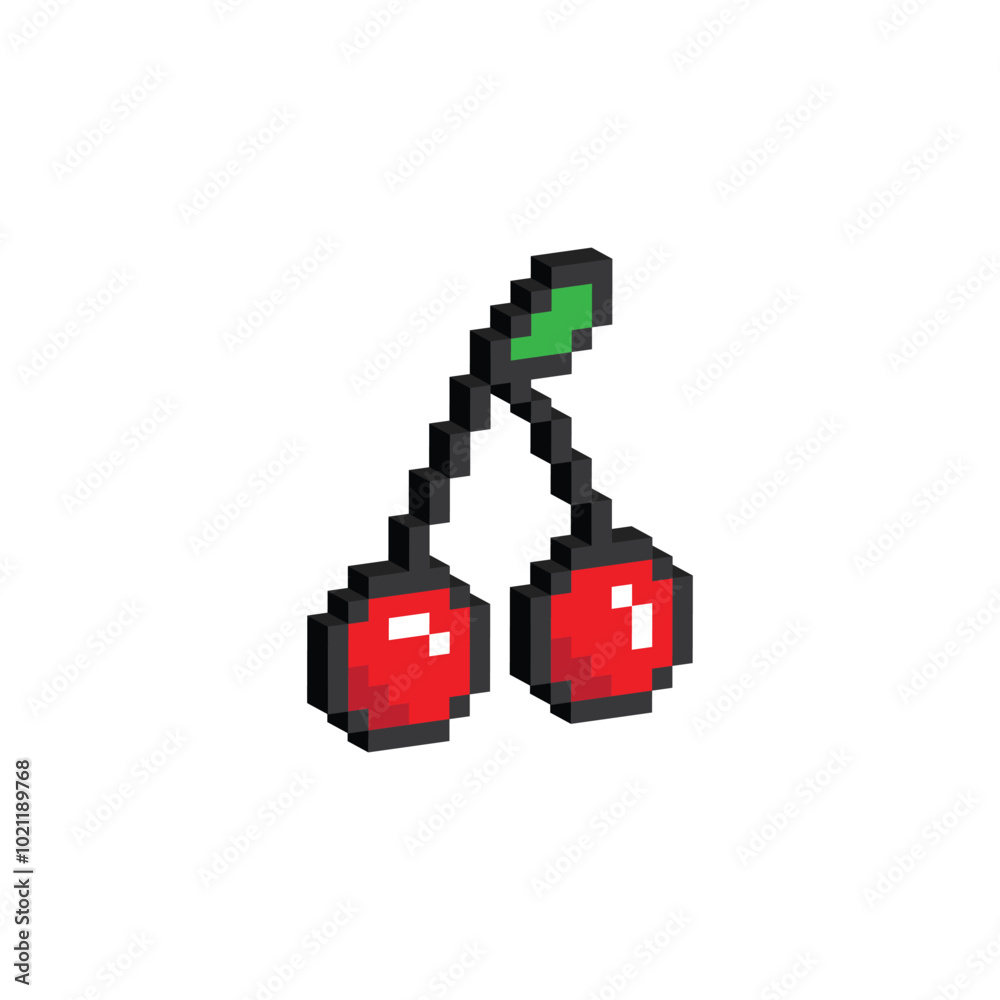 Fototapeta premium Isometric 3d Pixel art cherry icon. red cherry sign vector 8 bit