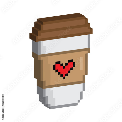 Isometric 3d pixel coffee icon. Cup of coffee or tea 8 bit