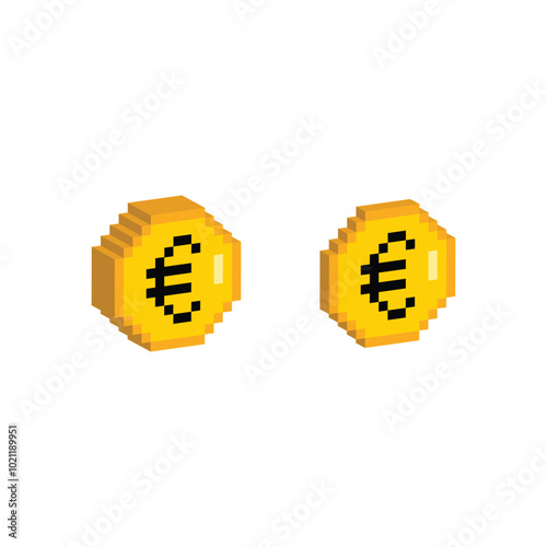 Isometric 3d pixel art euro coin vector icon pixel money element for 8 bit game