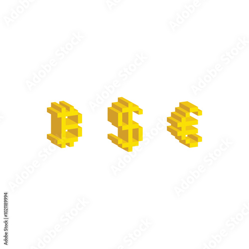 Isometric 3d pixel art Bitcoin dollar euro vector icon golden money pixel element for 8 bit game