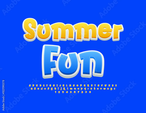 Vector playful logo Summer Fun. Sunny Yellow Font. Handwritten Alphabet Letters and Numbers set.